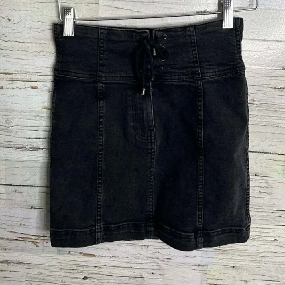 Free people denim mini skirt black lace up size  2